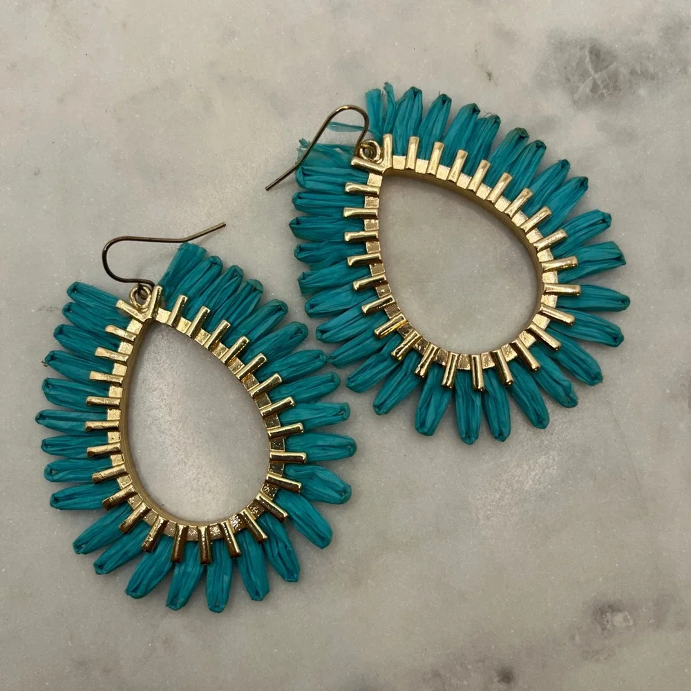 Turquoise Raffia Boho Earrings Wrap‎ Hoops Teardrop Gold Tone Textured Fringe